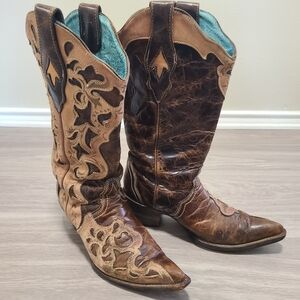 Corral Vintage Womens 7.5 Sniptoe Tan Inlay Leather Cowboy Boots Boho Rustic